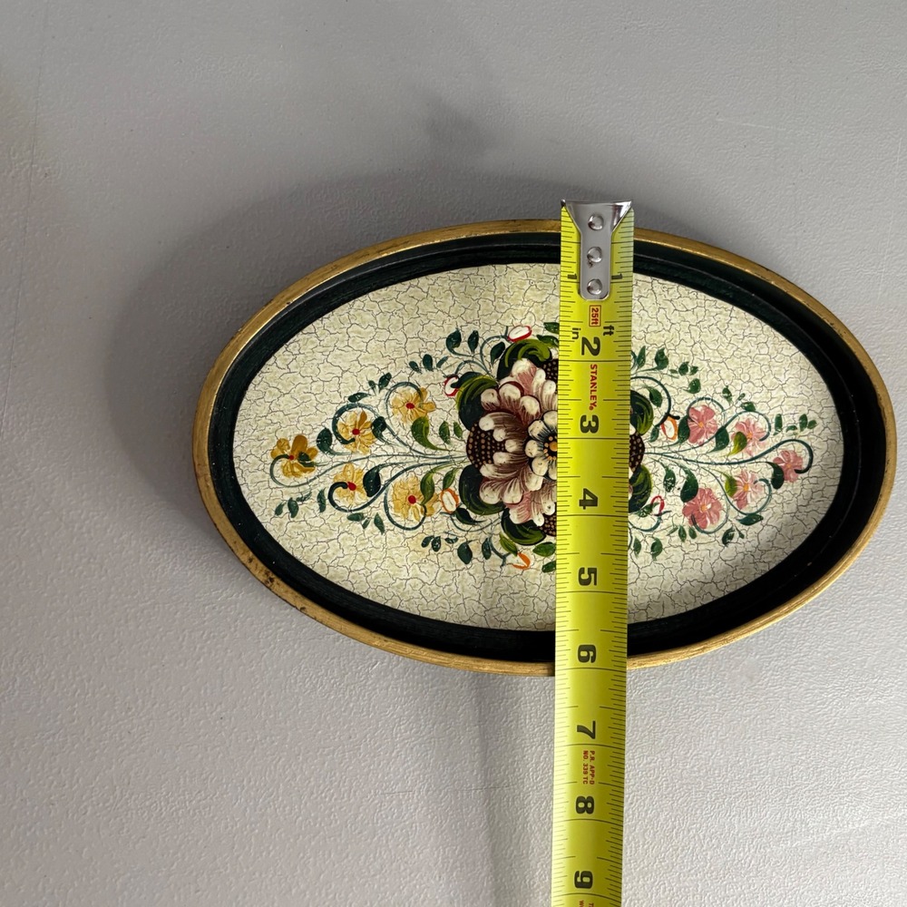 Vintage‎ Floral Hand Painted Nesting Trays Set of 3 Oval Black Gold Crackle Folk - Picture 10 of 16